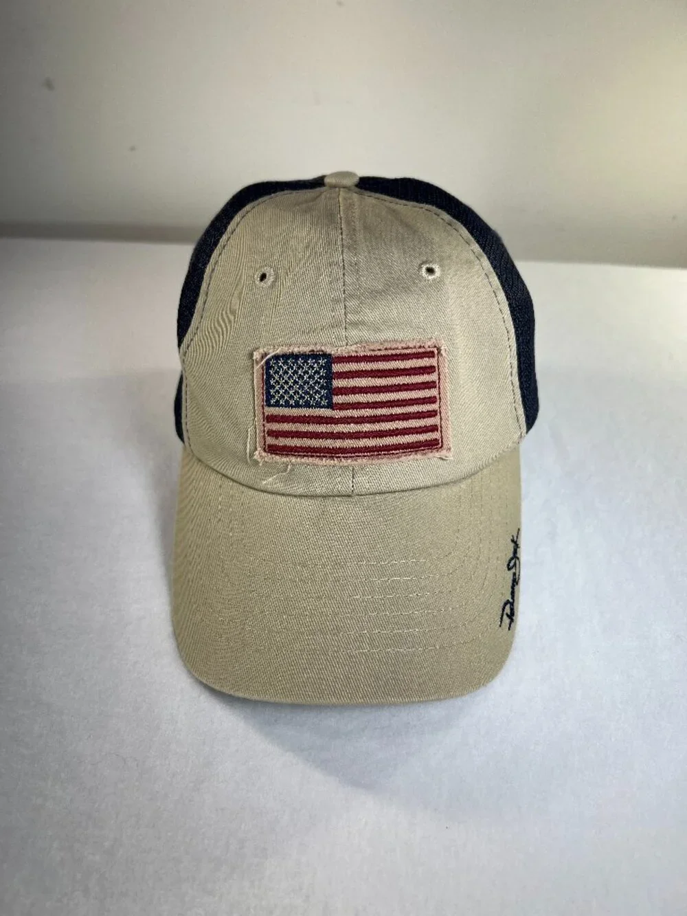 Panama Jack OS Khaki/Navy Blue Frayed-edged Trucker Baseball Cap Hat USA America